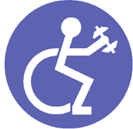 This picture shows an icon in the shape of a circle (approximately 1 inch diameter) that is blue in background color. Bold white lines show an adaptation of the International Wheelchair Symbol that has the stick figure of a person slightly tilted forward, raising a barbell in one hand.